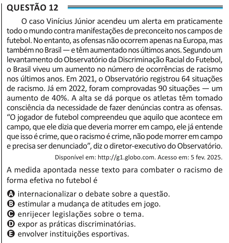 Questão 12 do ENEM 2025, aplicação de Belém, como saiu no caderno de prova