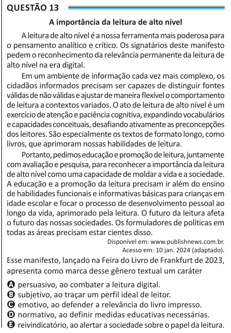 Questão 13 do ENEM 2025, aplicação de Belém, como saiu no caderno de prova