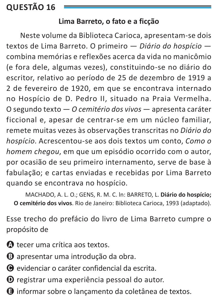 Questão 16 do ENEM 2025, aplicação de Belém, como saiu no caderno de prova