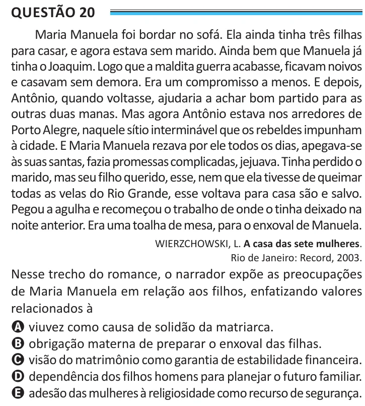 Questão 20 do ENEM 2025, aplicação de Belém, como saiu no caderno de prova