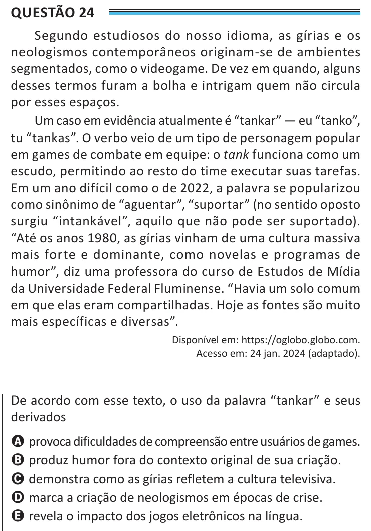 Questão 24 do ENEM 2025, aplicação de Belém, como saiu no caderno de prova