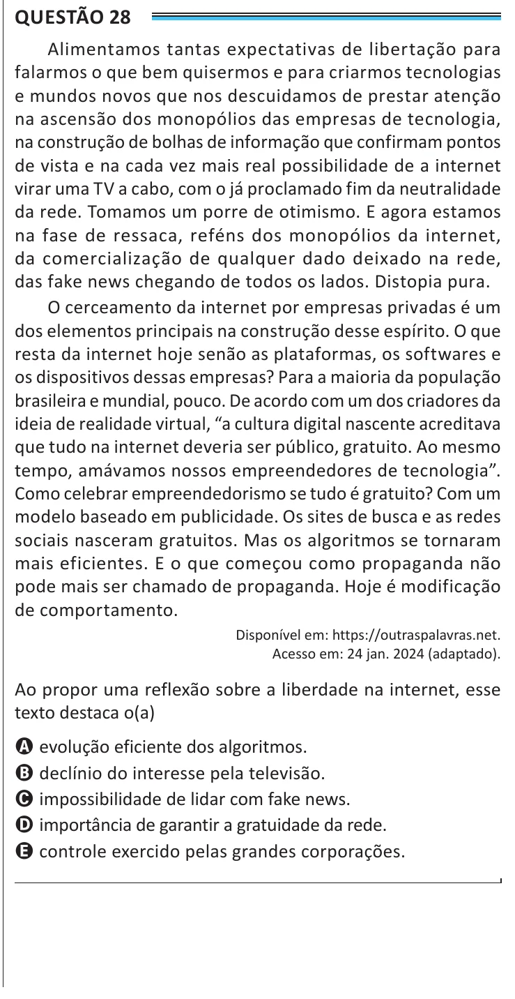 Questão 28 do ENEM 2025, aplicação de Belém, como saiu no caderno de prova