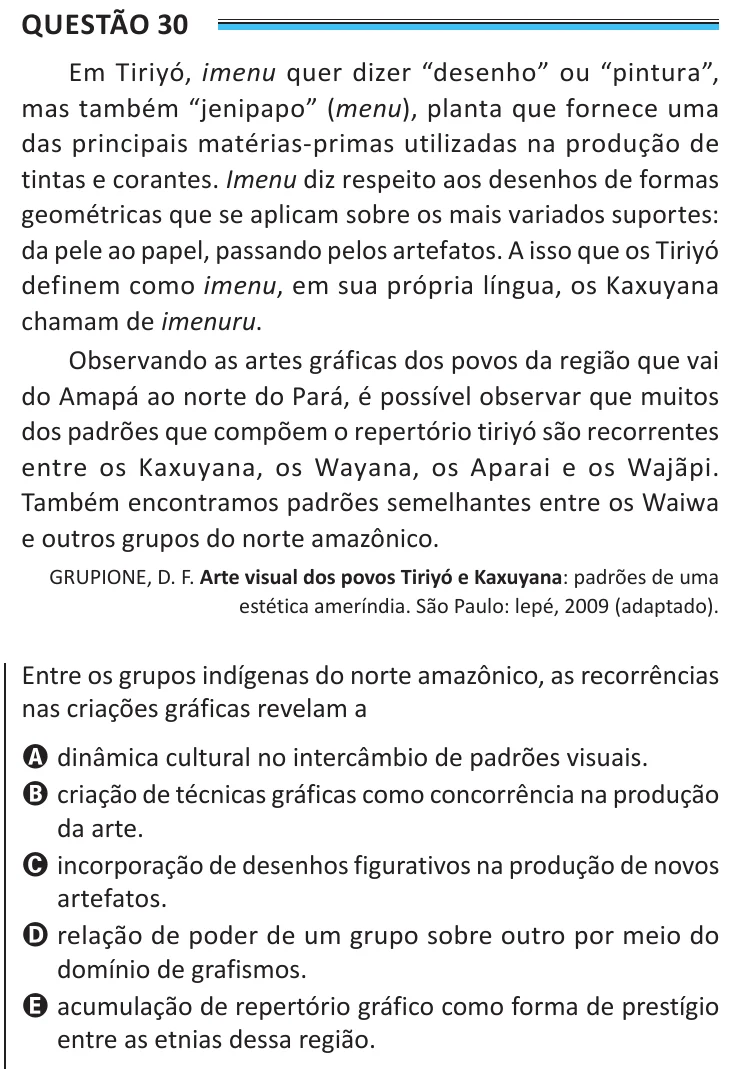 Questão 30 do ENEM 2025, aplicação de Belém, como saiu no caderno de prova