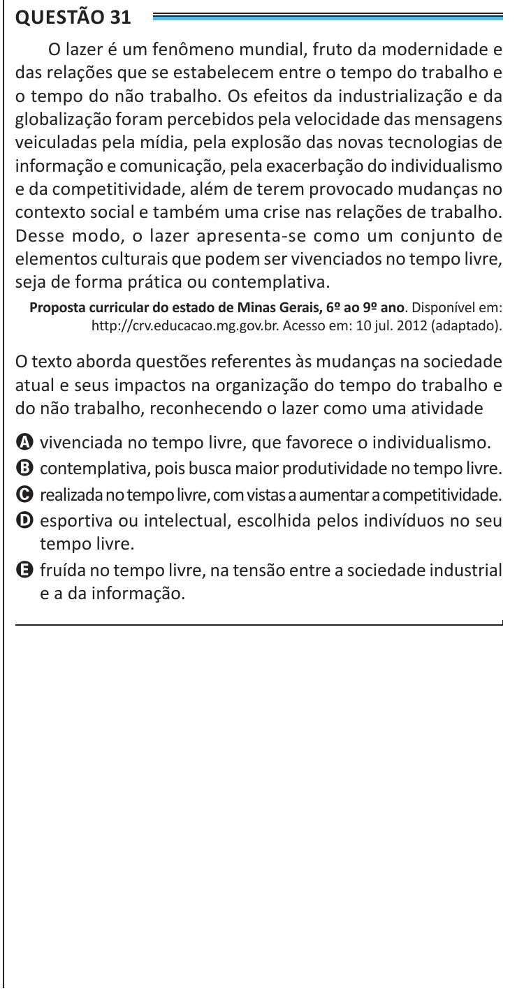 Questão 31 do ENEM 2025, aplicação de Belém, como saiu no caderno de prova