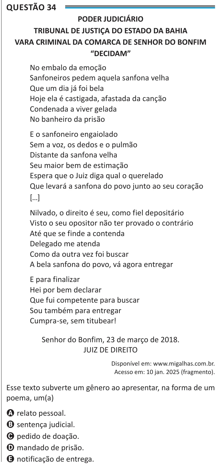 Questão 34 do ENEM 2025, aplicação de Belém, como saiu no caderno de prova