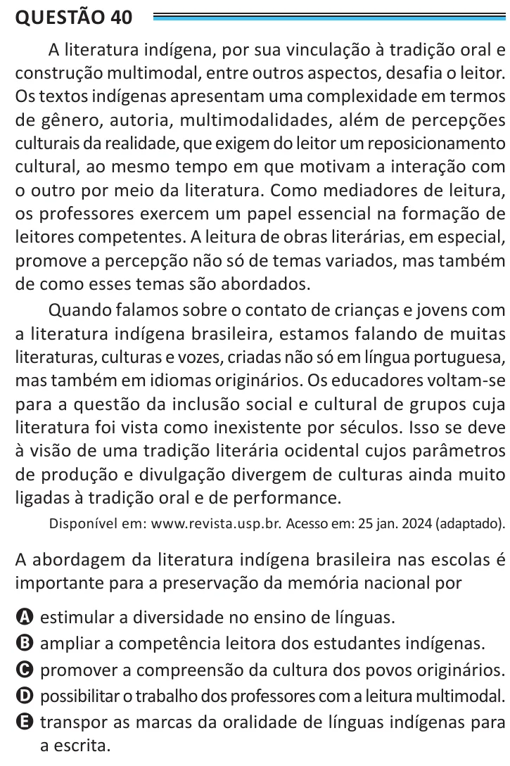 Questão 40 do ENEM 2025, aplicação de Belém, como saiu no caderno de prova