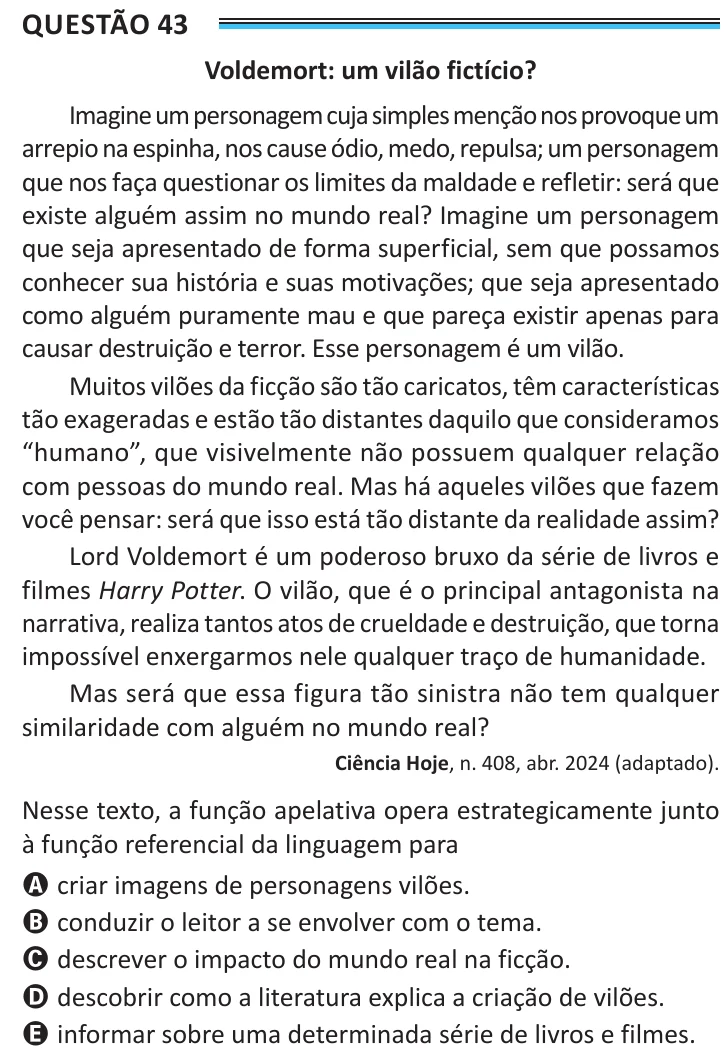 Questão 43 do ENEM 2025, aplicação de Belém, como saiu no caderno de prova