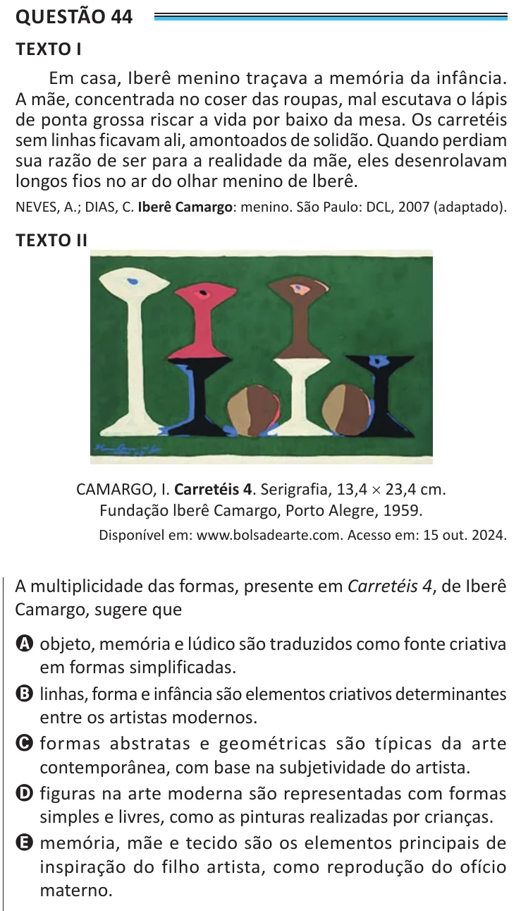 Questão 44 do ENEM 2025, aplicação de Belém, como saiu no caderno de prova