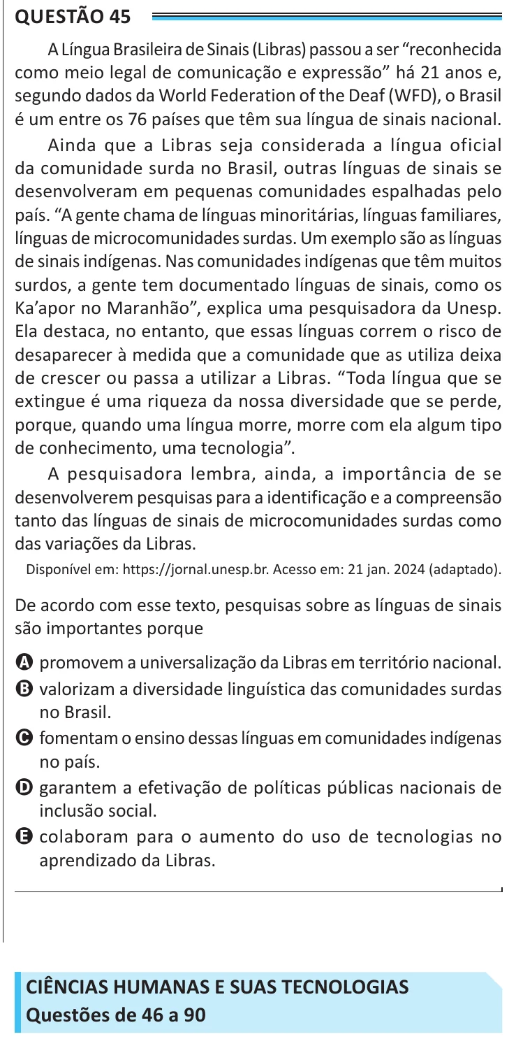 Questão 45 do ENEM 2025, aplicação de Belém, como saiu no caderno de prova