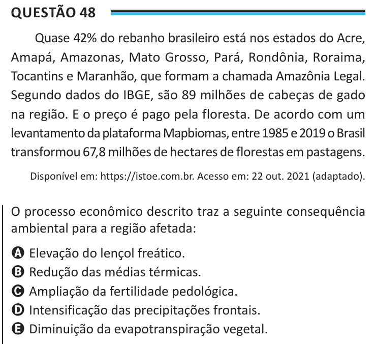 Questão 48 do ENEM 2025, aplicação de Belém, como saiu no caderno de prova