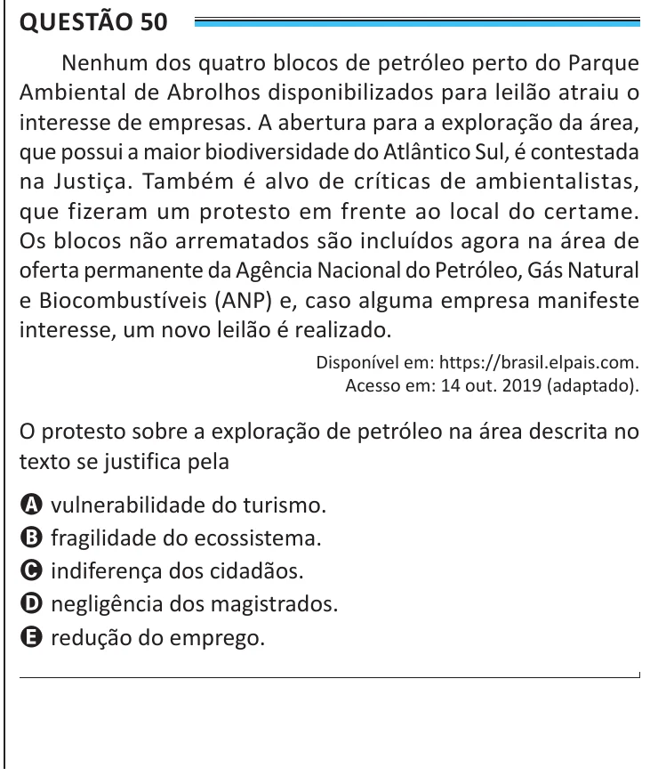 Questão 50 do ENEM 2025, aplicação de Belém, como saiu no caderno de prova