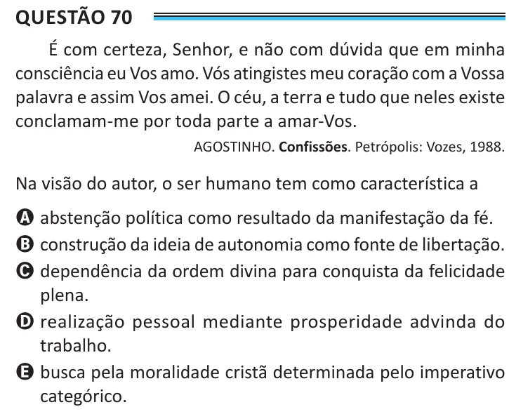 Questão 70 do ENEM 2025, aplicação de Belém, como saiu no caderno de prova