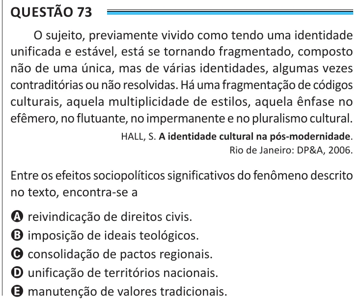Questão 73 do ENEM 2025, aplicação de Belém, como saiu no caderno de prova