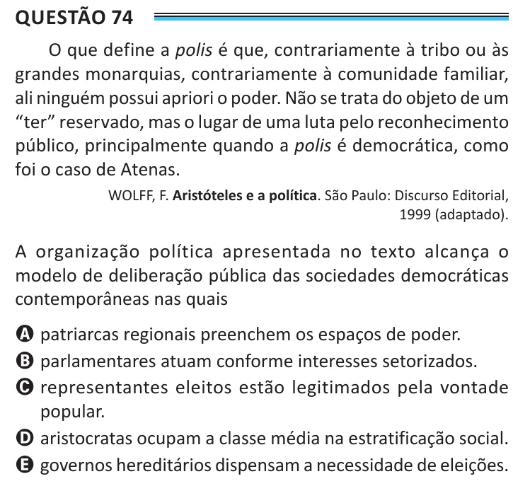 Questão 74 do ENEM 2025, aplicação de Belém, como saiu no caderno de prova