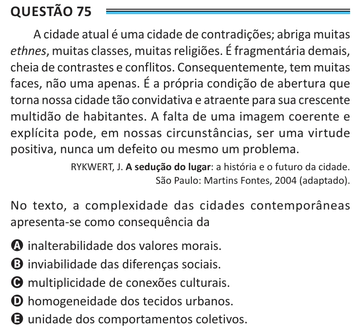 Questão 75 do ENEM 2025, aplicação de Belém, como saiu no caderno de prova