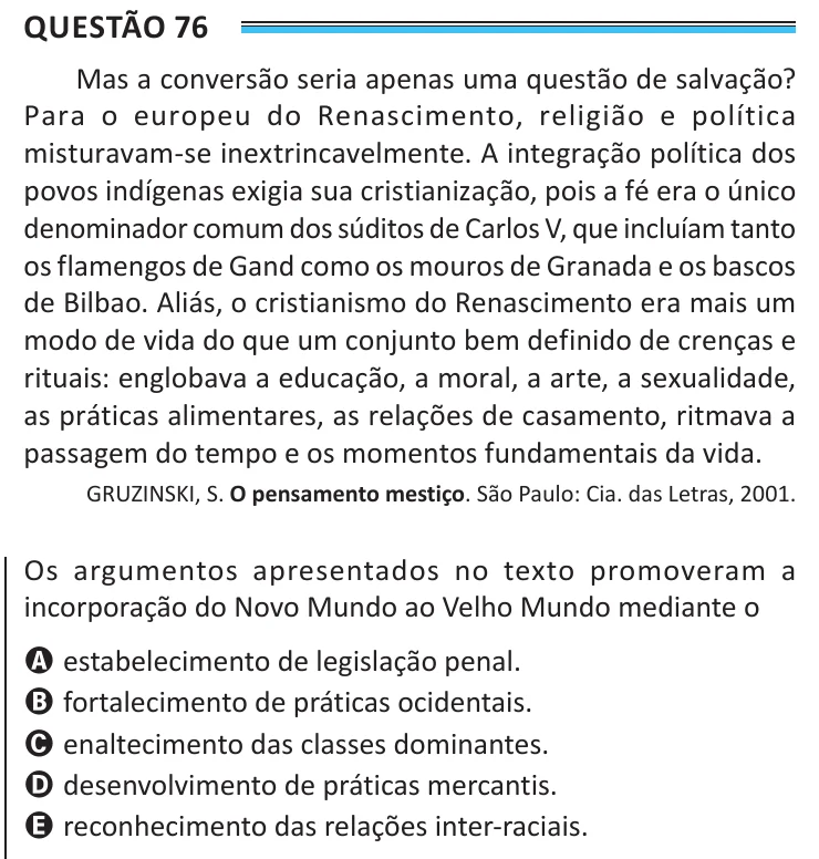 Questão 76 do ENEM 2025, aplicação de Belém, como saiu no caderno de prova
