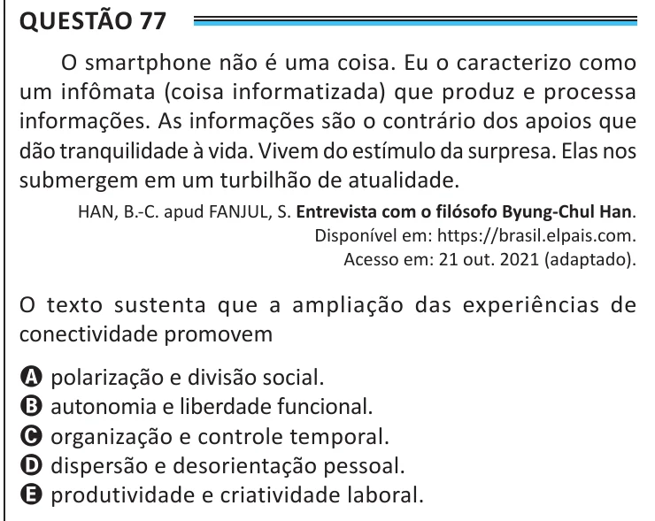 Questão 77 do ENEM 2025, aplicação de Belém, como saiu no caderno de prova