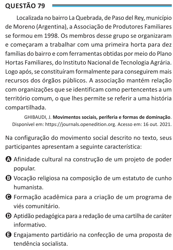 Questão 79 do ENEM 2025, aplicação de Belém, como saiu no caderno de prova