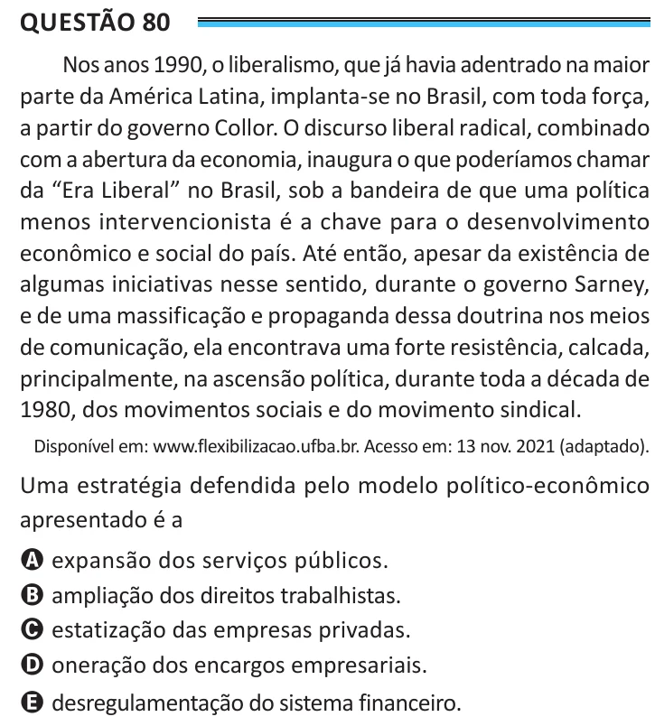 Questão 80 do ENEM 2025, aplicação de Belém, como saiu no caderno de prova