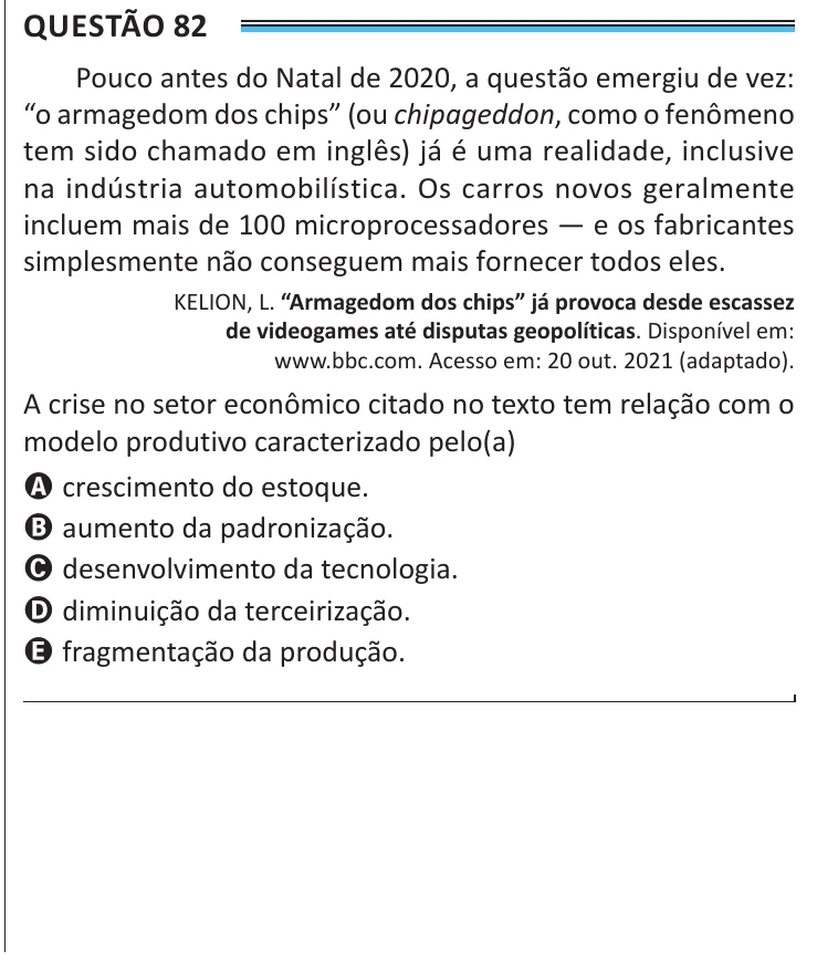 Questão 82 do ENEM 2025, aplicação de Belém, como saiu no caderno de prova