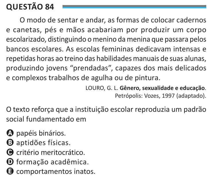 Questão 84 do ENEM 2025, aplicação de Belém, como saiu no caderno de prova