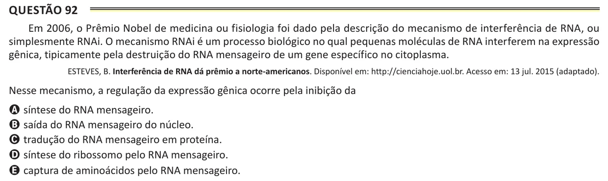 Questão 92 do ENEM 2025, aplicação de Belém, como saiu no caderno de prova