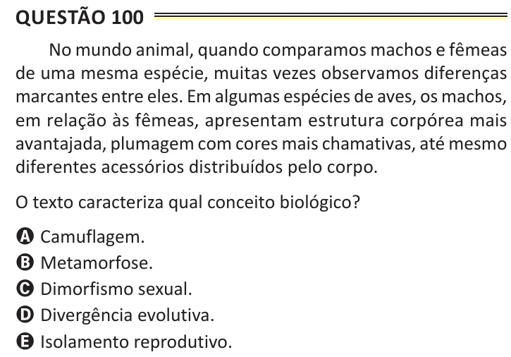 Questão 100 do ENEM 2025, aplicação de Belém, como saiu no caderno de prova