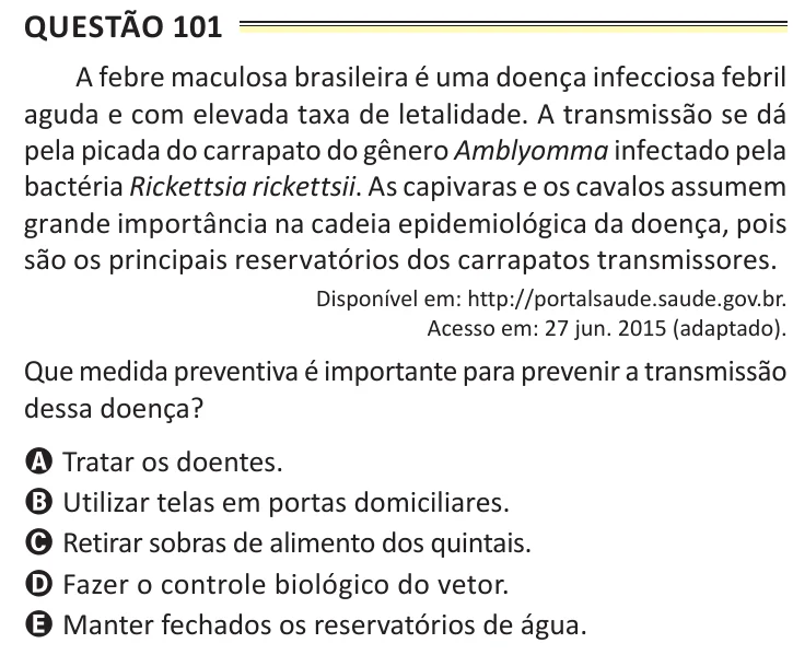 Questão 101 do ENEM 2025, aplicação de Belém, como saiu no caderno de prova