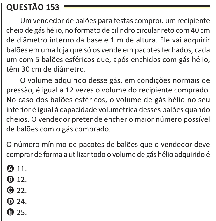Questão 153 do ENEM 2025, aplicação de Belém, como saiu no caderno de prova