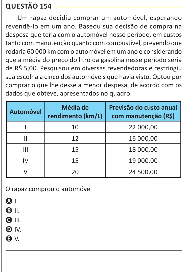 Questão 154 do ENEM 2025, aplicação de Belém, como saiu no caderno de prova