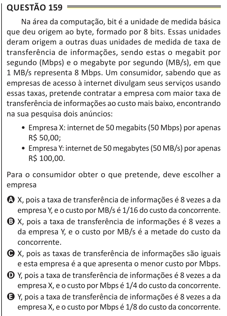 Questão 159 do ENEM 2025, aplicação de Belém, como saiu no caderno de prova