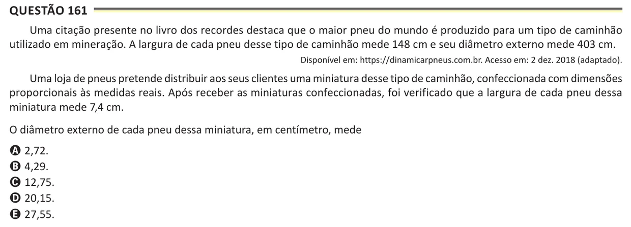 Questão 161 do ENEM 2025, aplicação de Belém, como saiu no caderno de prova