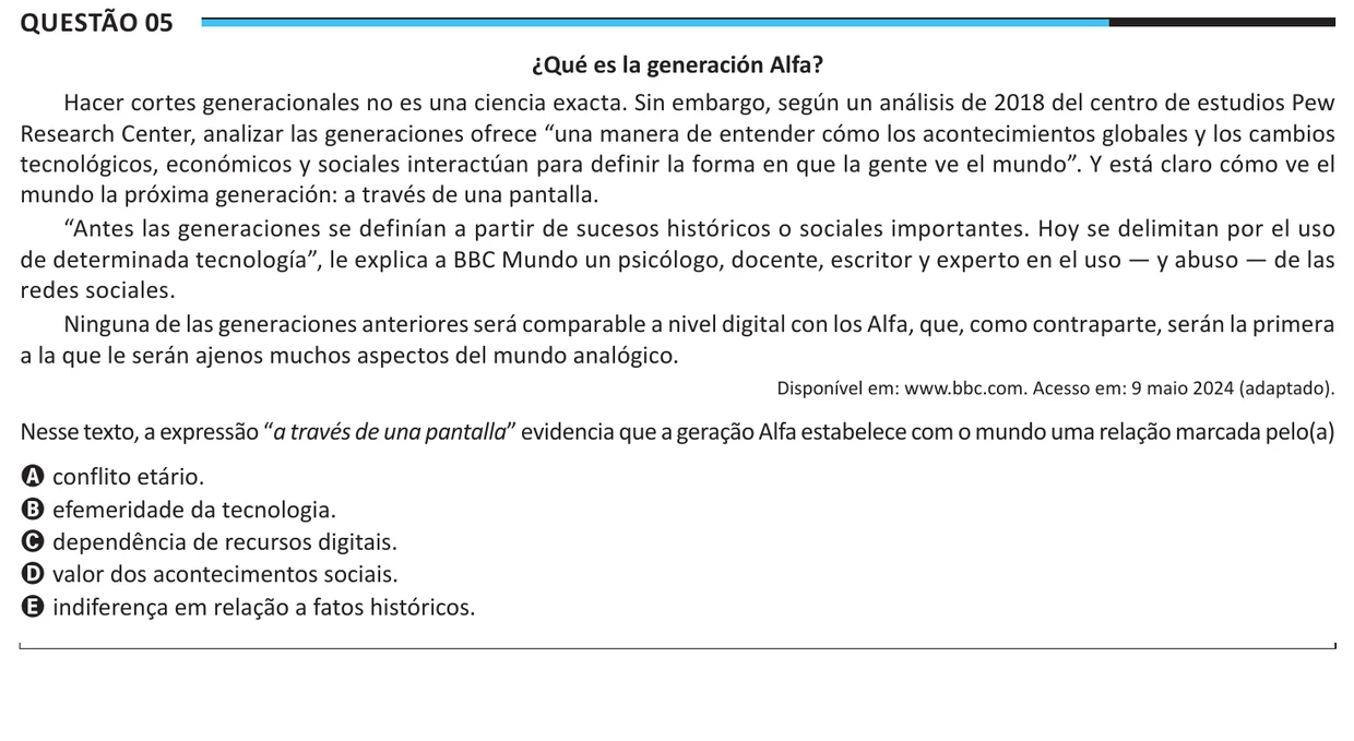 Questão 5 do ENEM 2025, aplicação regular, como saiu no caderno de prova