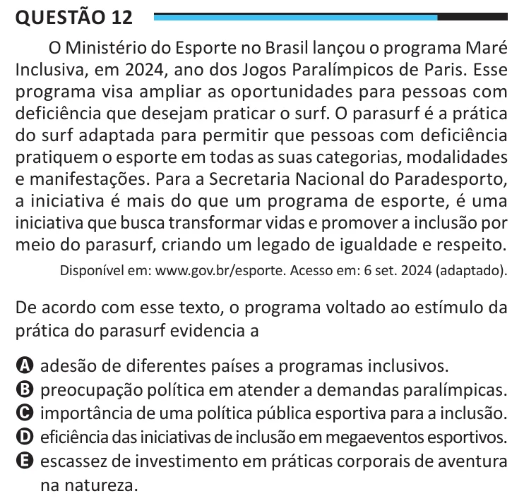 Questão 12 do ENEM 2025, aplicação regular, como saiu no caderno de prova