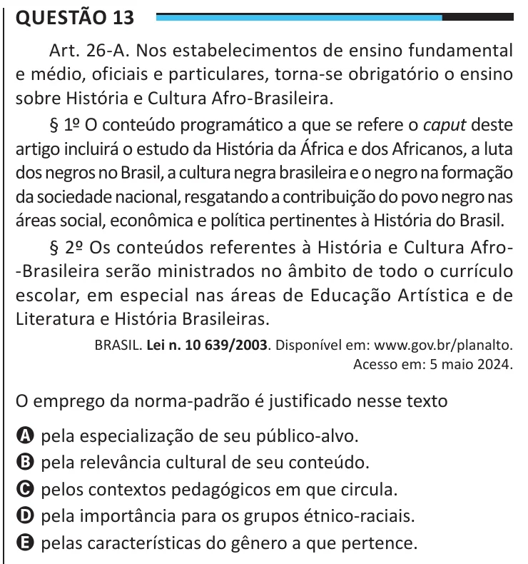 Questão 13 do ENEM 2025, aplicação regular, como saiu no caderno de prova