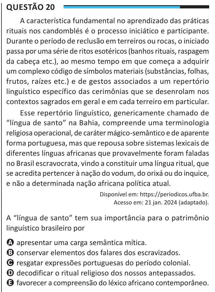 Questão 20 do ENEM 2025, aplicação regular, como saiu no caderno de prova