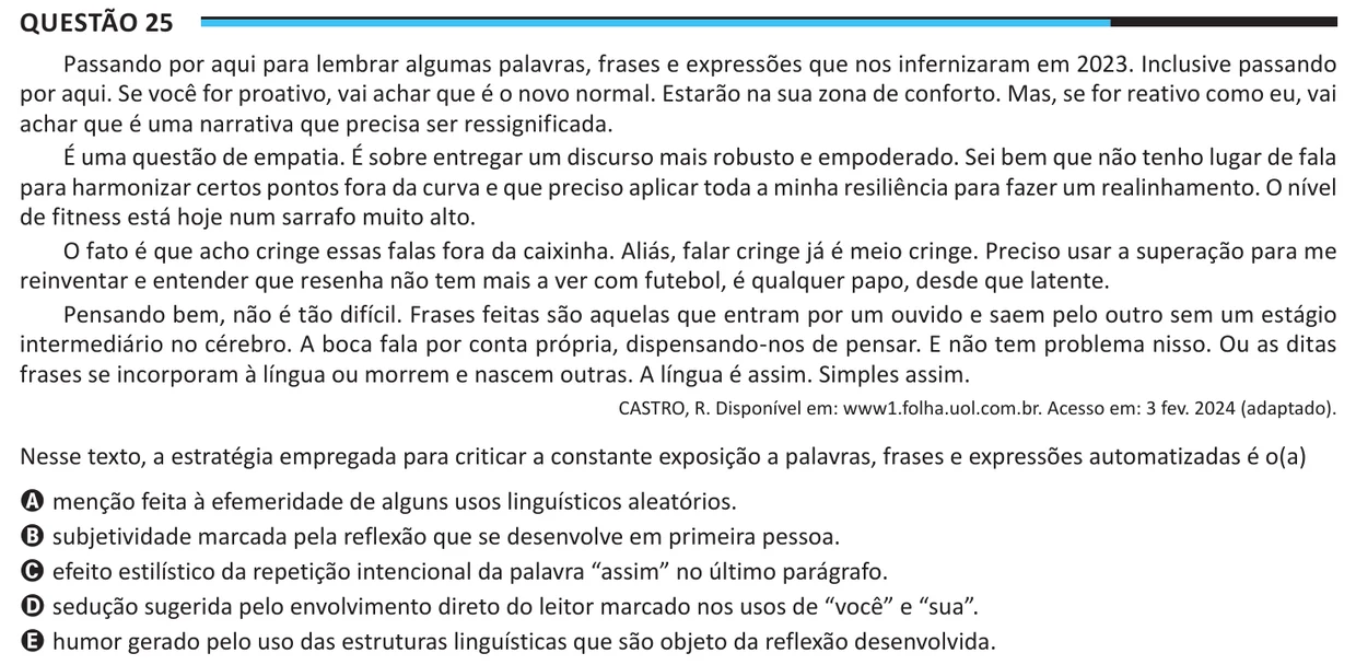 Questão 25 do ENEM 2025, aplicação regular, como saiu no caderno de prova