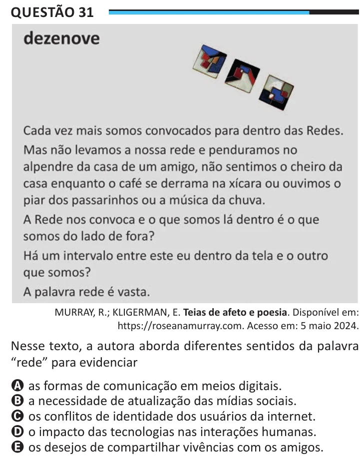 Questão 31 do ENEM 2025, aplicação regular, como saiu no caderno de prova
