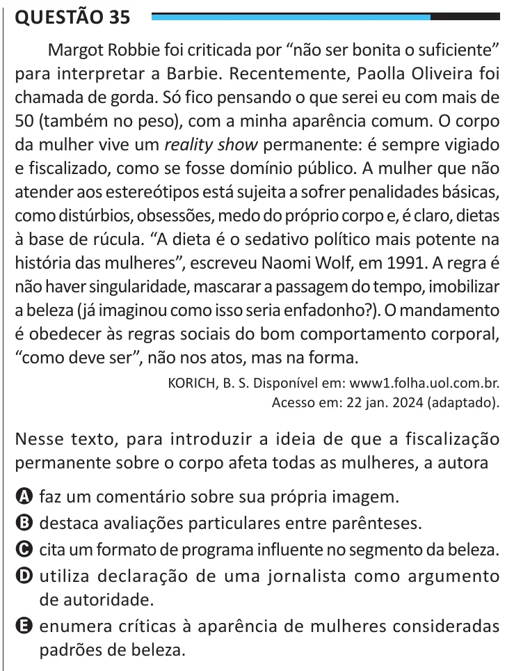 Questão 35 do ENEM 2025, aplicação regular, como saiu no caderno de prova