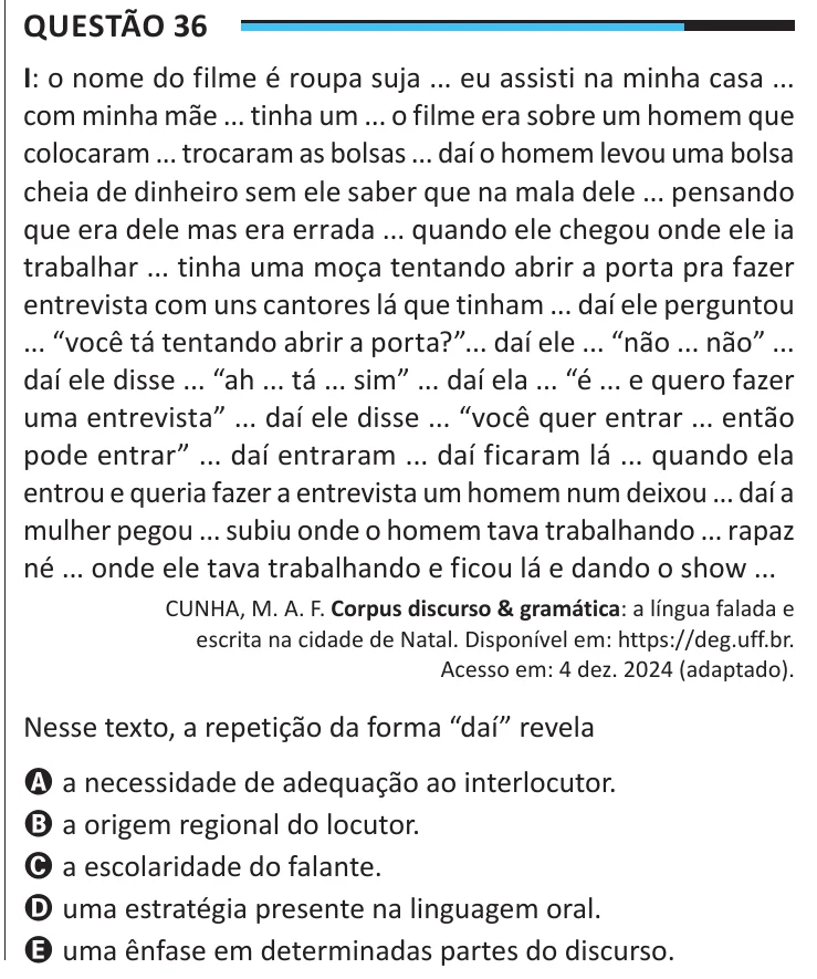 Questão 36 do ENEM 2025, aplicação regular, como saiu no caderno de prova