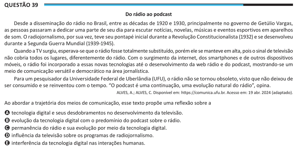 Questão 39 do ENEM 2025, aplicação regular, como saiu no caderno de prova
