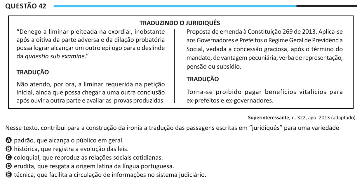 Questão 42 do ENEM 2025, aplicação regular, como saiu no caderno de prova