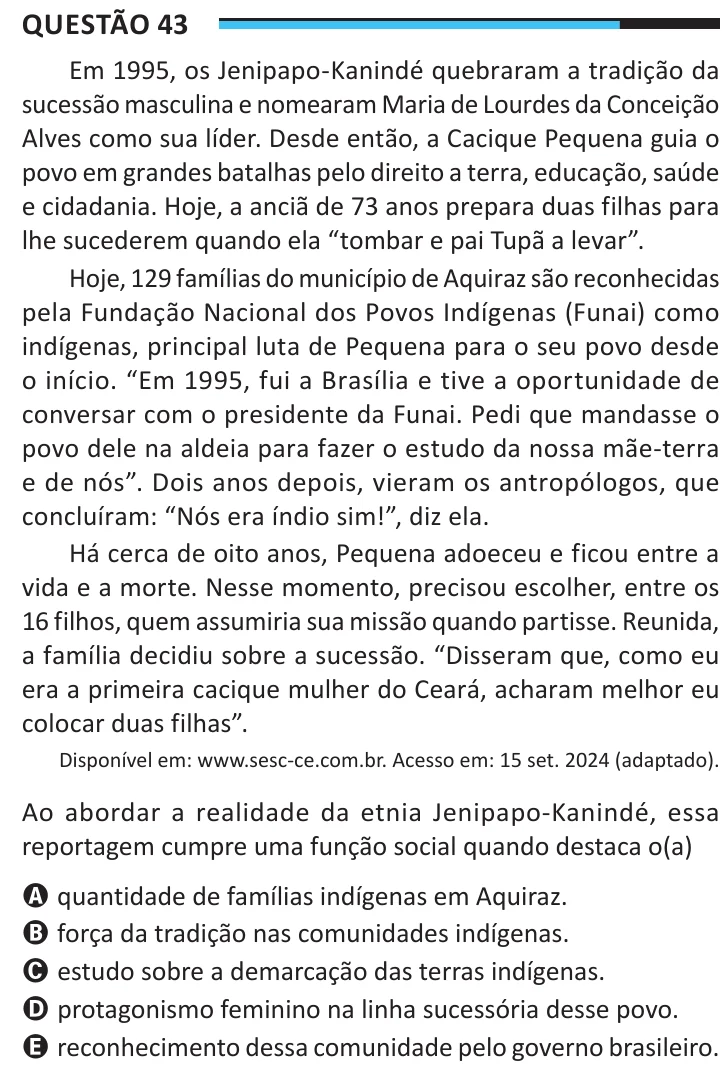 Questão 43 do ENEM 2025, aplicação regular, como saiu no caderno de prova