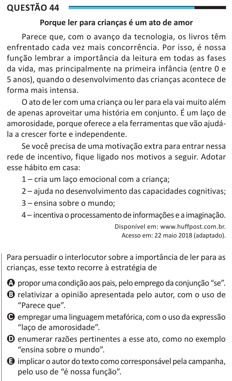 Questão 44 do ENEM 2025, aplicação regular, como saiu no caderno de prova