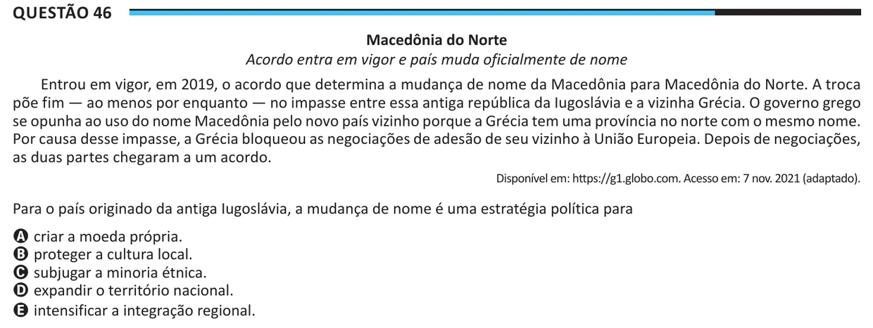 Questão 46 do ENEM 2025, aplicação regular, como saiu no caderno de prova