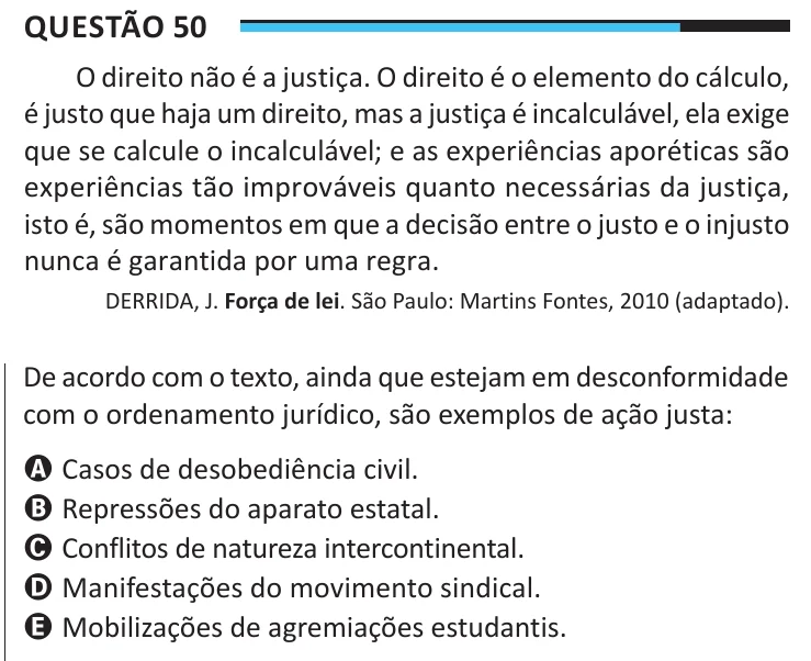 Questão 50 do ENEM 2025, aplicação regular, como saiu no caderno de prova