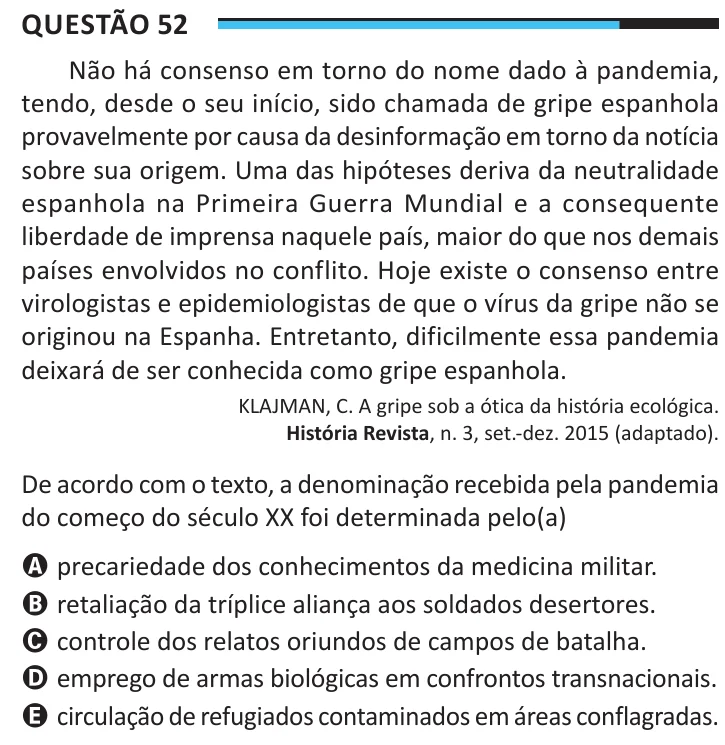 Questão 52 do ENEM 2025, aplicação regular, como saiu no caderno de prova
