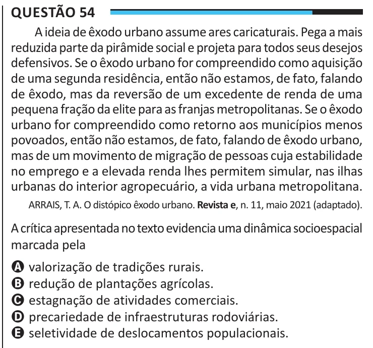 Questão 54 do ENEM 2025, aplicação regular, como saiu no caderno de prova