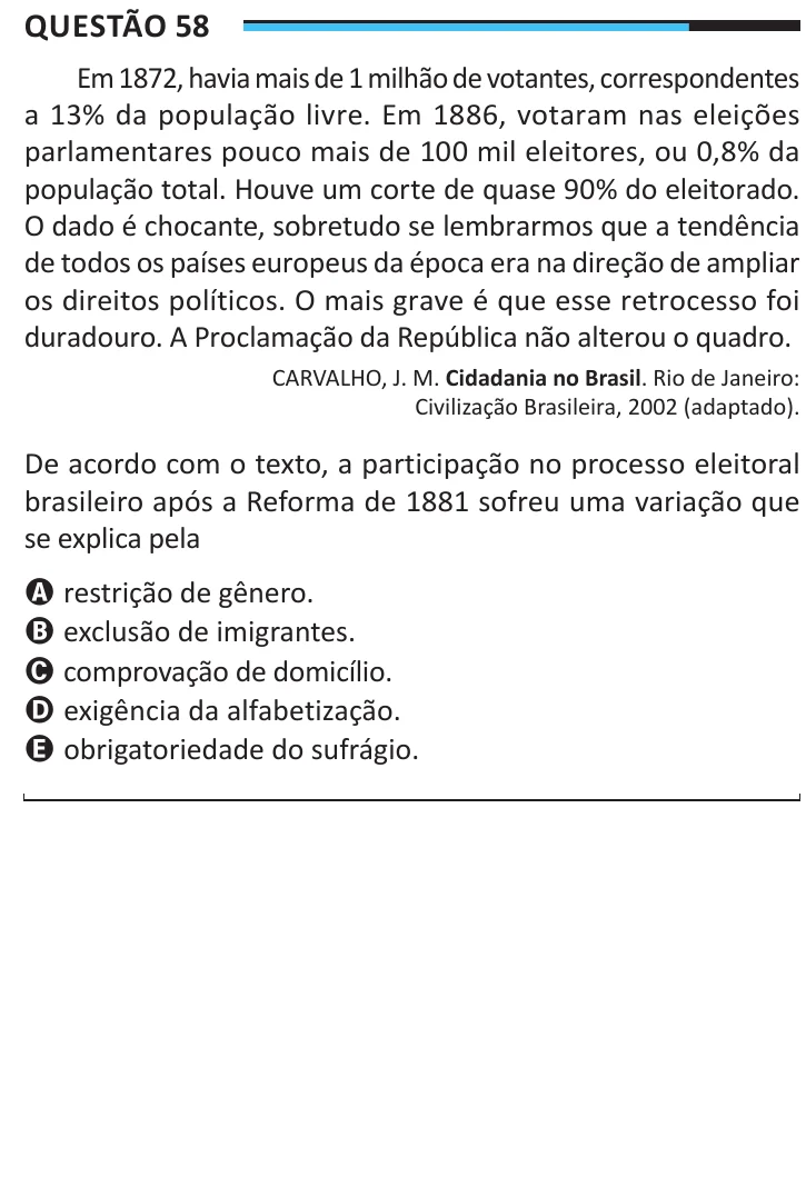 Questão 58 do ENEM 2025, aplicação regular, como saiu no caderno de prova