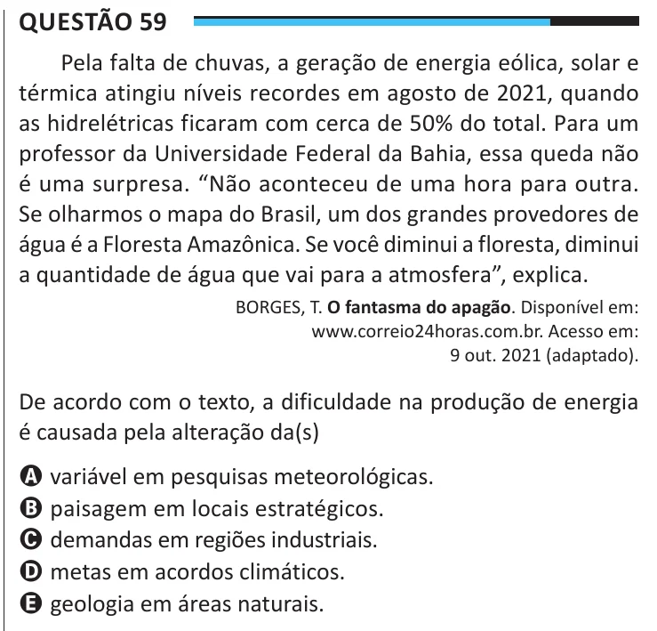 Questão 59 do ENEM 2025, aplicação regular, como saiu no caderno de prova